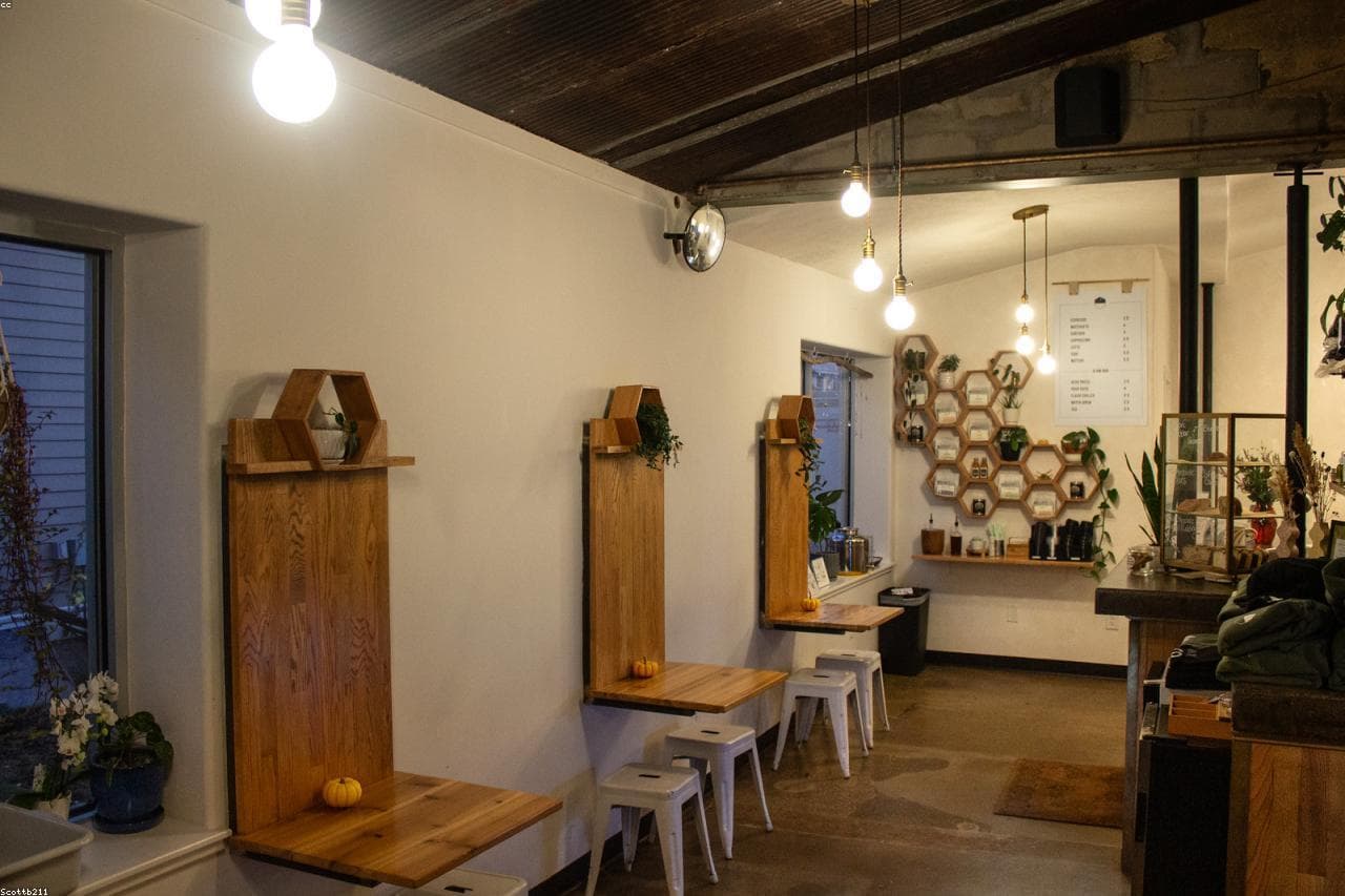 Warmly lit coffeehouse interior